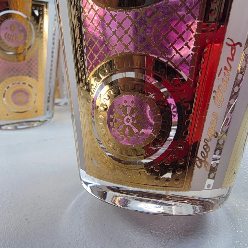 5 VTG‎ Georges Briard Signed RARE Amethyst Gold Rocks Glasses MCM Barware 22K